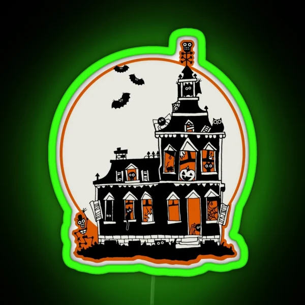 Vintage Style Haunted House Happy Halloween RGB Neon Sign