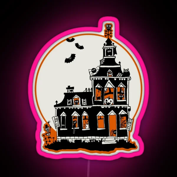 Vintage Style Haunted House Happy Halloween RGB Neon Sign