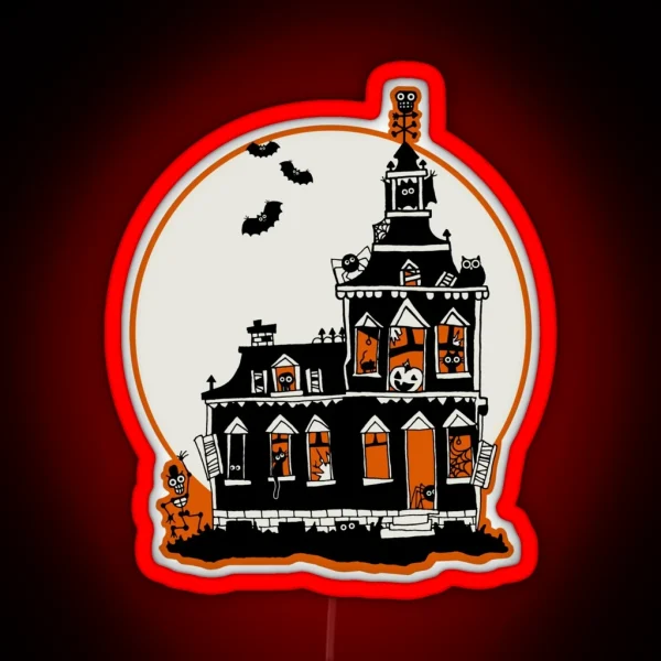 Vintage Style Haunted House Happy Halloween RGB Neon Sign