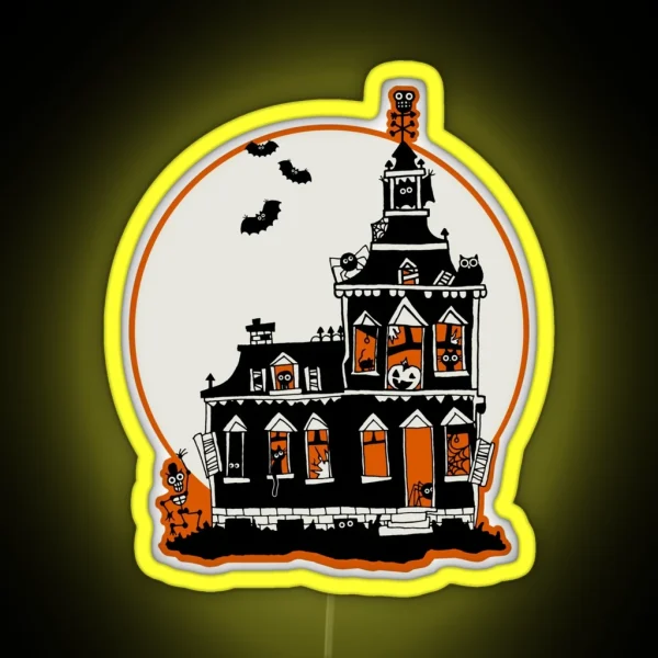 Vintage Style Haunted House Happy Halloween RGB Neon Sign