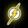 Neon retro superhero emblem graphic led with vibrant color glow.