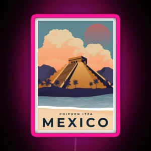 Vintage Travel Poster Chichen Itza Mexico RGB Neon Sign