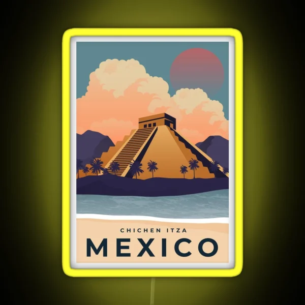 Vintage Travel Poster Chichen Itza Mexico RGB Neon Sign