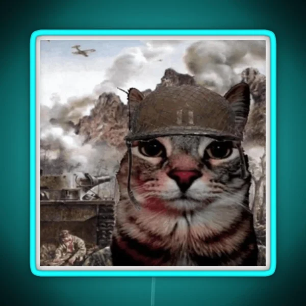 War Cat Thousand Yard Stare Meme RGB Neon Sign