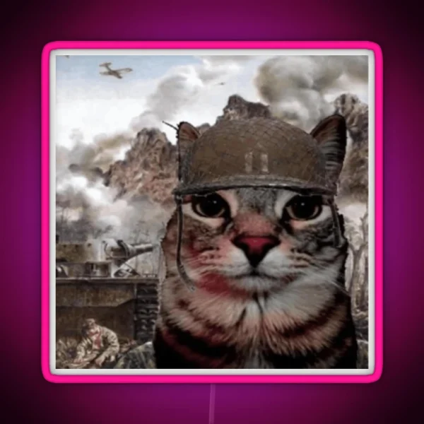 War Cat Thousand Yard Stare Meme RGB Neon Sign