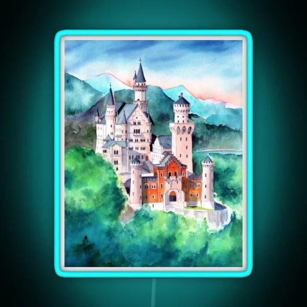 Watercolor Bavarian Neuschweinstein Castle RGB Neon Sign