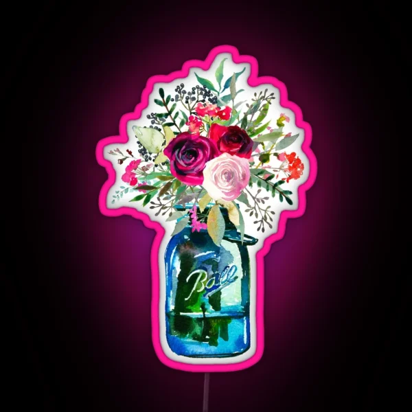 Watercolor Mason Jar Flowers RGB Neon Sign