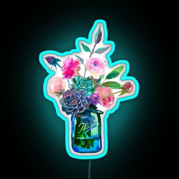 Watercolor Mason Jar Flowers RGB Neon Sign