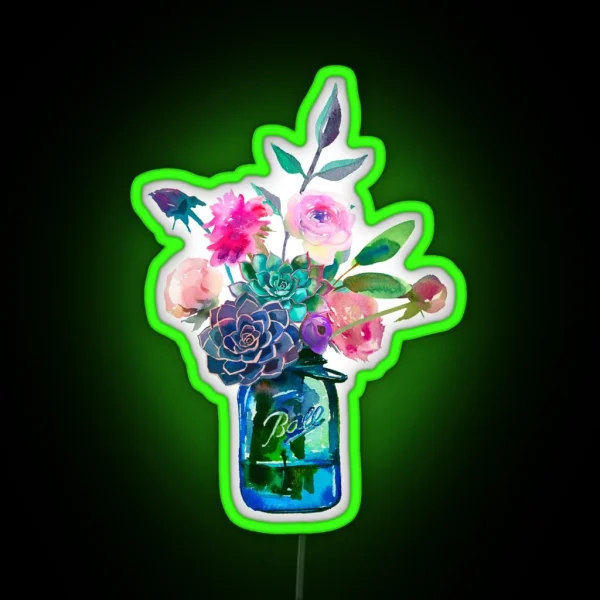 Watercolor Mason Jar Flowers RGB Neon Sign
