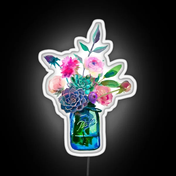 Watercolor Mason Jar Flowers RGB Neon Sign