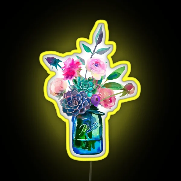 Watercolor Mason Jar Flowers RGB Neon Sign