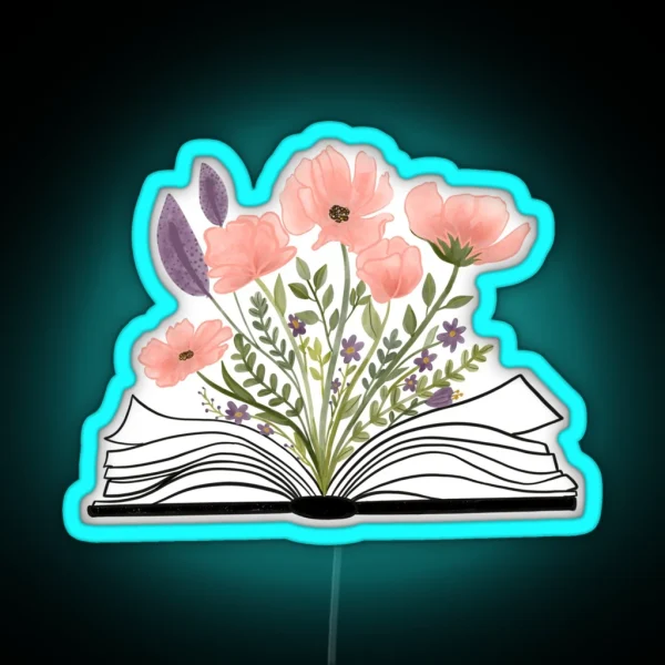 Watercolor Open Book With Florals Pink Flowers RGB Neon Sign