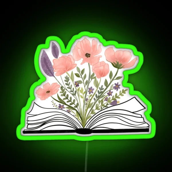 Watercolor Open Book With Florals Pink Flowers RGB Neon Sign