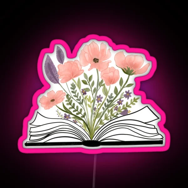 Watercolor Open Book With Florals Pink Flowers RGB Neon Sign