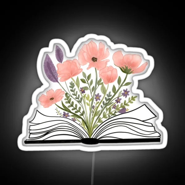 Watercolor Open Book With Florals Pink Flowers RGB Neon Sign