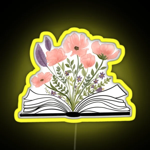 Watercolor Open Book With Florals Pink Flowers RGB Neon Sign