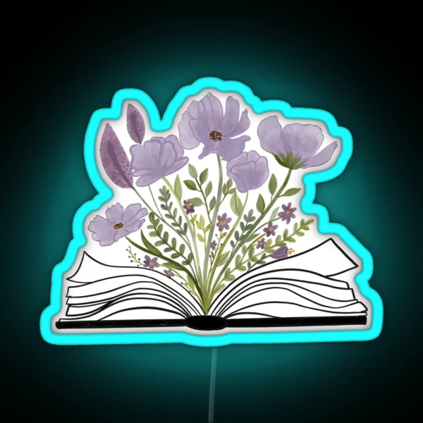 Watercolor Open Book With Florals Purple Flowers RGB Neon Sign