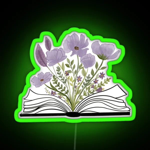 Watercolor Open Book With Florals Purple Flowers RGB Neon Sign
