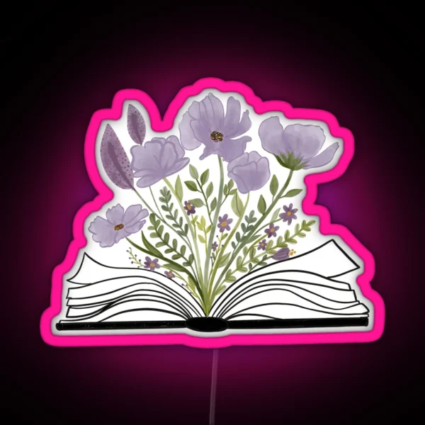 Watercolor Open Book With Florals Purple Flowers RGB Neon Sign