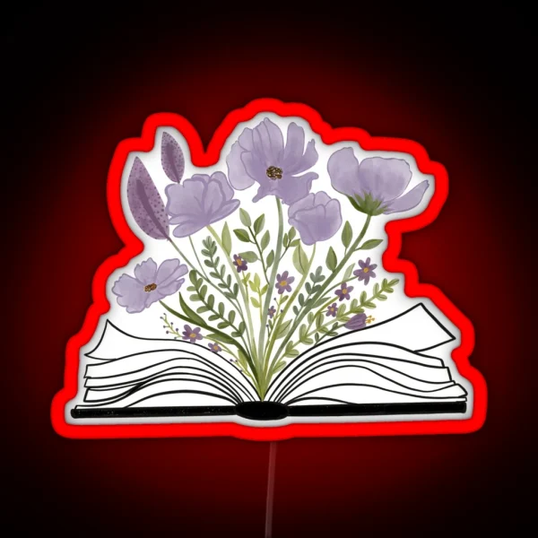 Watercolor Open Book With Florals Purple Flowers RGB Neon Sign