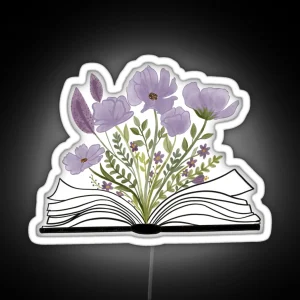 Watercolor Open Book With Florals Purple Flowers RGB Neon Sign