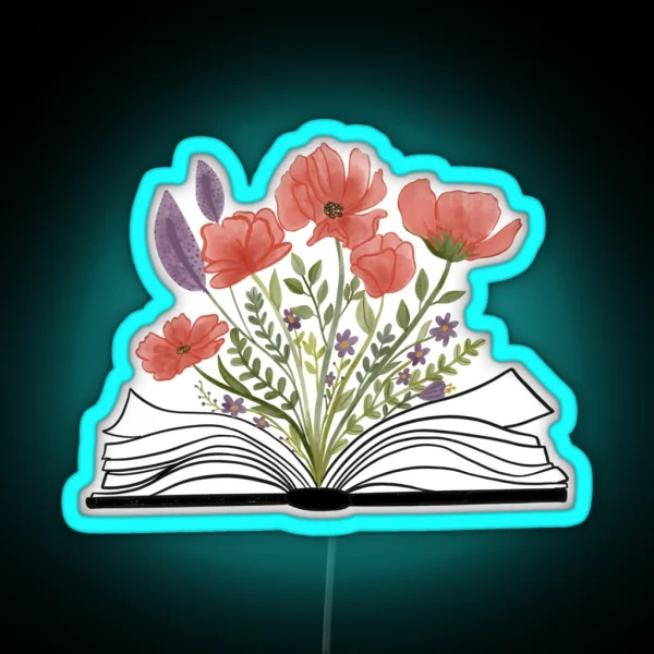 Watercolor Open Book With Florals Red Flowers RGB Neon Sign