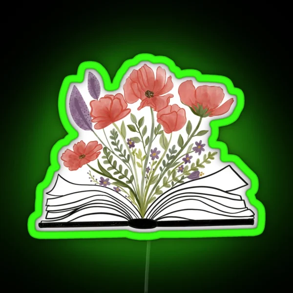 Watercolor Open Book With Florals Red Flowers RGB Neon Sign