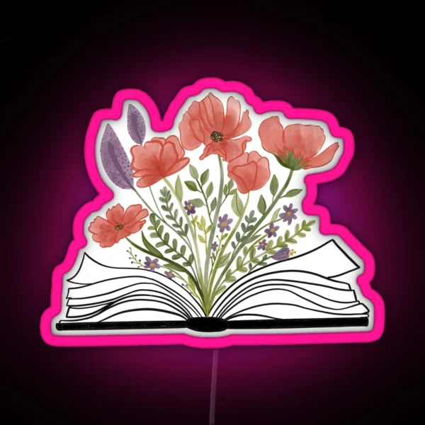 Watercolor Open Book With Florals Red Flowers RGB Neon Sign