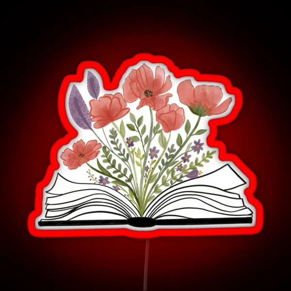 Watercolor Open Book With Florals Red Flowers RGB Neon Sign