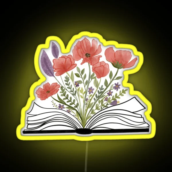 Watercolor Open Book With Florals Red Flowers RGB Neon Sign