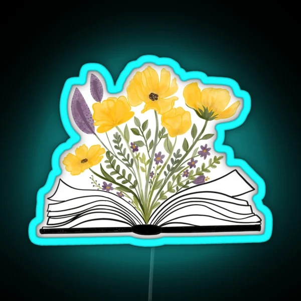 Watercolor Open Book With Florals Yellow Flowers RGB Neon Sign