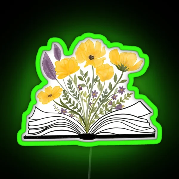 Watercolor Open Book With Florals Yellow Flowers RGB Neon Sign
