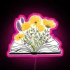 Whimsical Hand-Painted Watercolor Floral Open Book Art Display with Neon RGB Sign