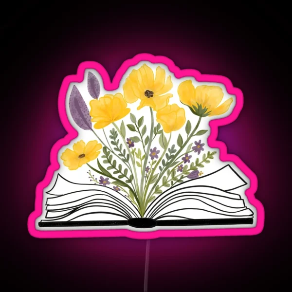 Watercolor Open Book With Florals Yellow Flowers RGB Neon Sign