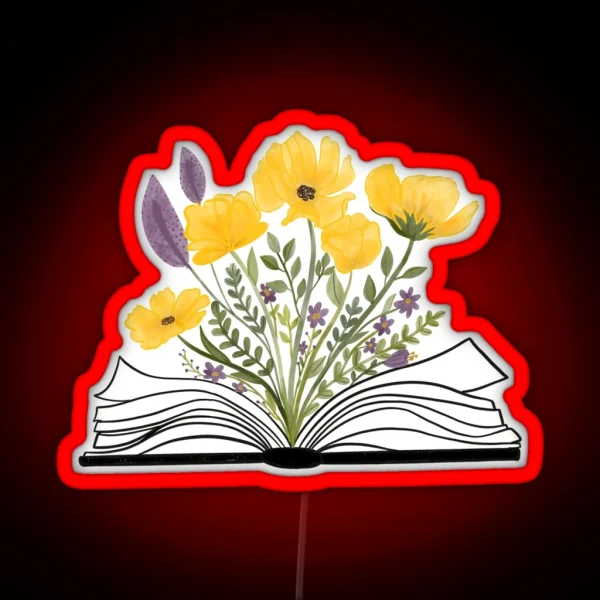 Watercolor Open Book With Florals Yellow Flowers RGB Neon Sign