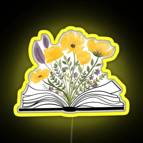 Watercolor Open Book With Florals Yellow Flowers RGB Neon Sign