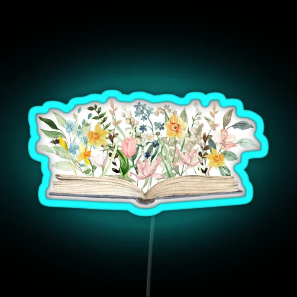 Watercolor Open Book With Flowers Floral Aesthetic RGB Neon Sign