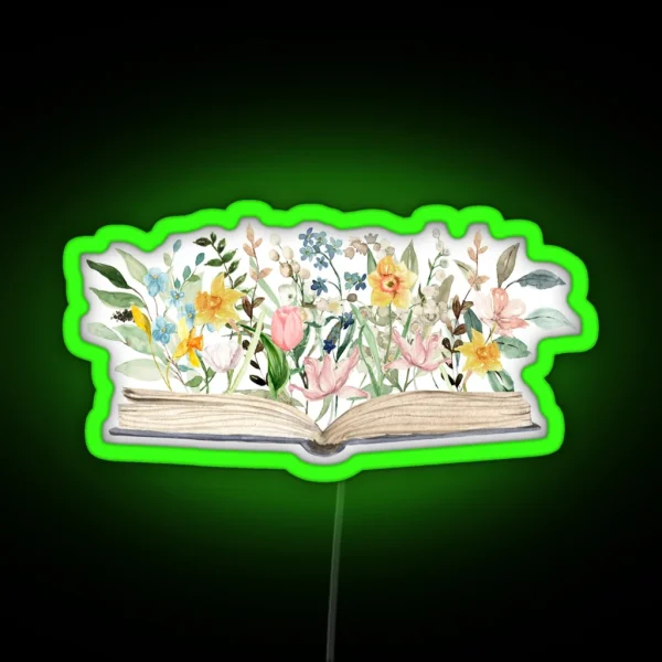 Watercolor Open Book With Flowers Floral Aesthetic RGB Neon Sign