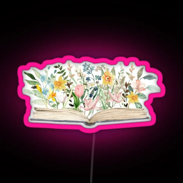 Watercolor Open Book With Flowers Floral Aesthetic RGB Neon Sign