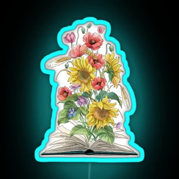 Watercolor Open Book With Sunflowers And RGB Neon Sign