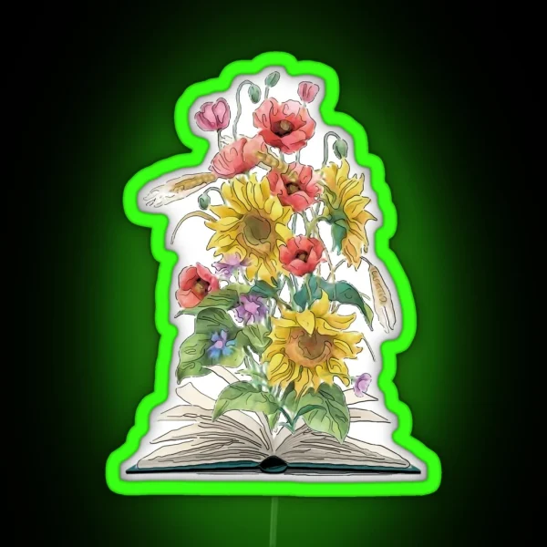 Watercolor Open Book With Sunflowers And RGB Neon Sign