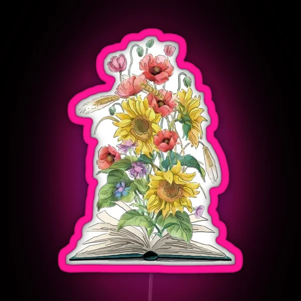 Watercolor Open Book With Sunflowers And RGB Neon Sign