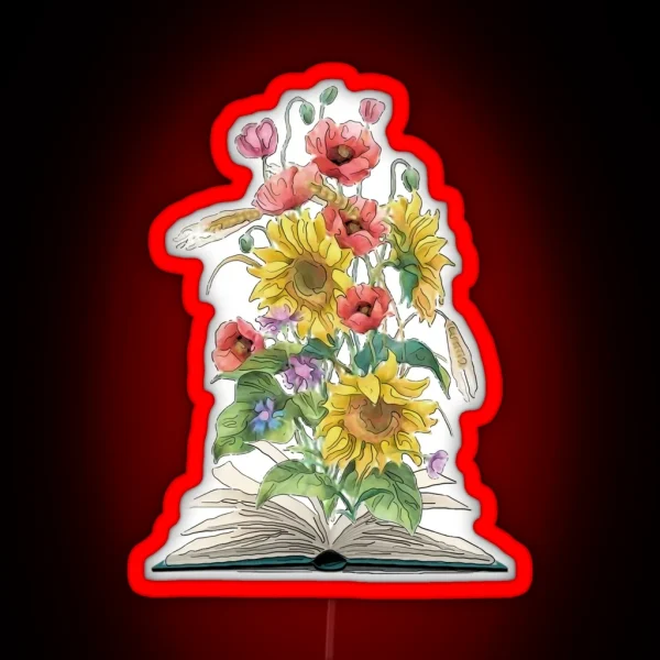 Watercolor Open Book With Sunflowers And RGB Neon Sign