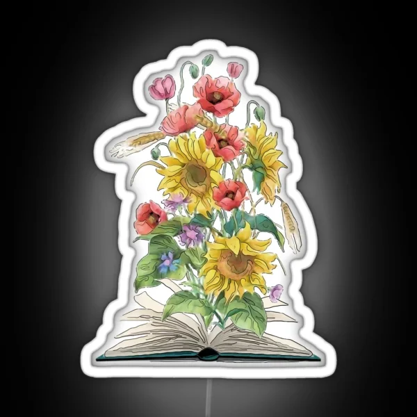 Watercolor Open Book With Sunflowers And RGB Neon Sign