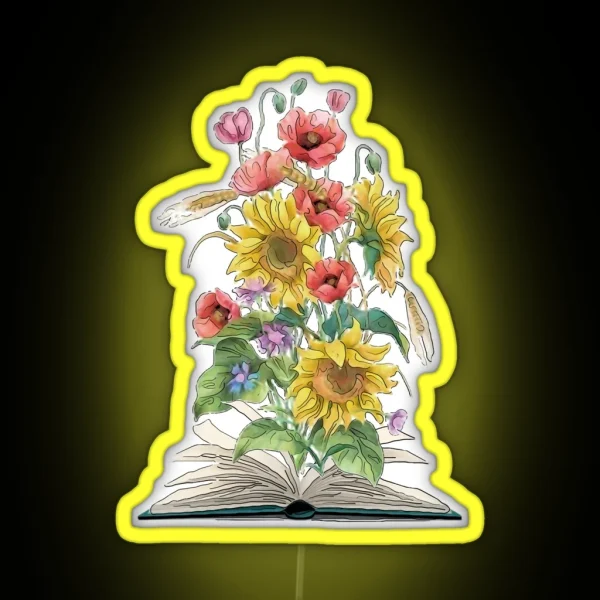 Watercolor Open Book With Sunflowers And RGB Neon Sign