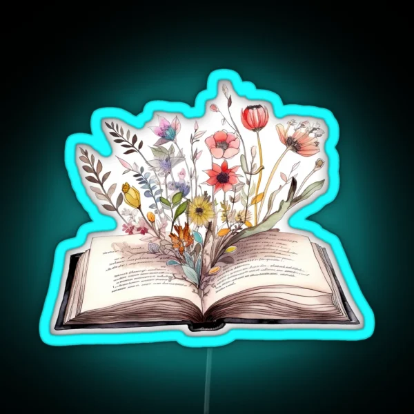 Watercolor Painting Of Open Book With Flowers Botanical RGB Neon Sign