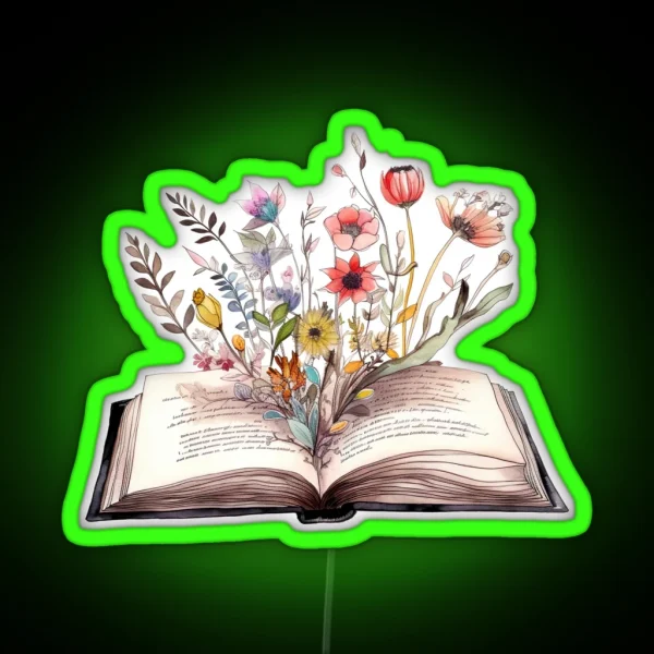 Watercolor Painting Of Open Book With Flowers Botanical RGB Neon Sign