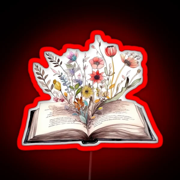 Watercolor Painting Of Open Book With Flowers Botanical RGB Neon Sign
