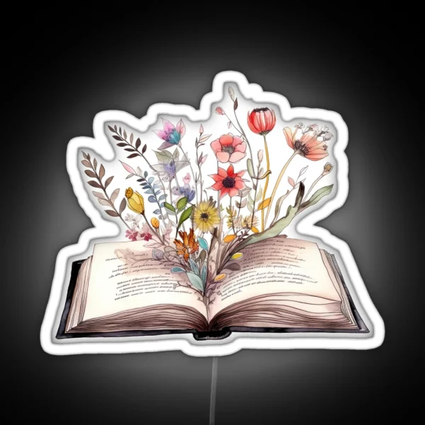 Watercolor Painting Of Open Book With Flowers Botanical RGB Neon Sign
