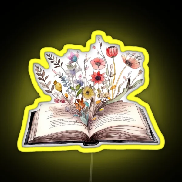 Watercolor Painting Of Open Book With Flowers Botanical RGB Neon Sign